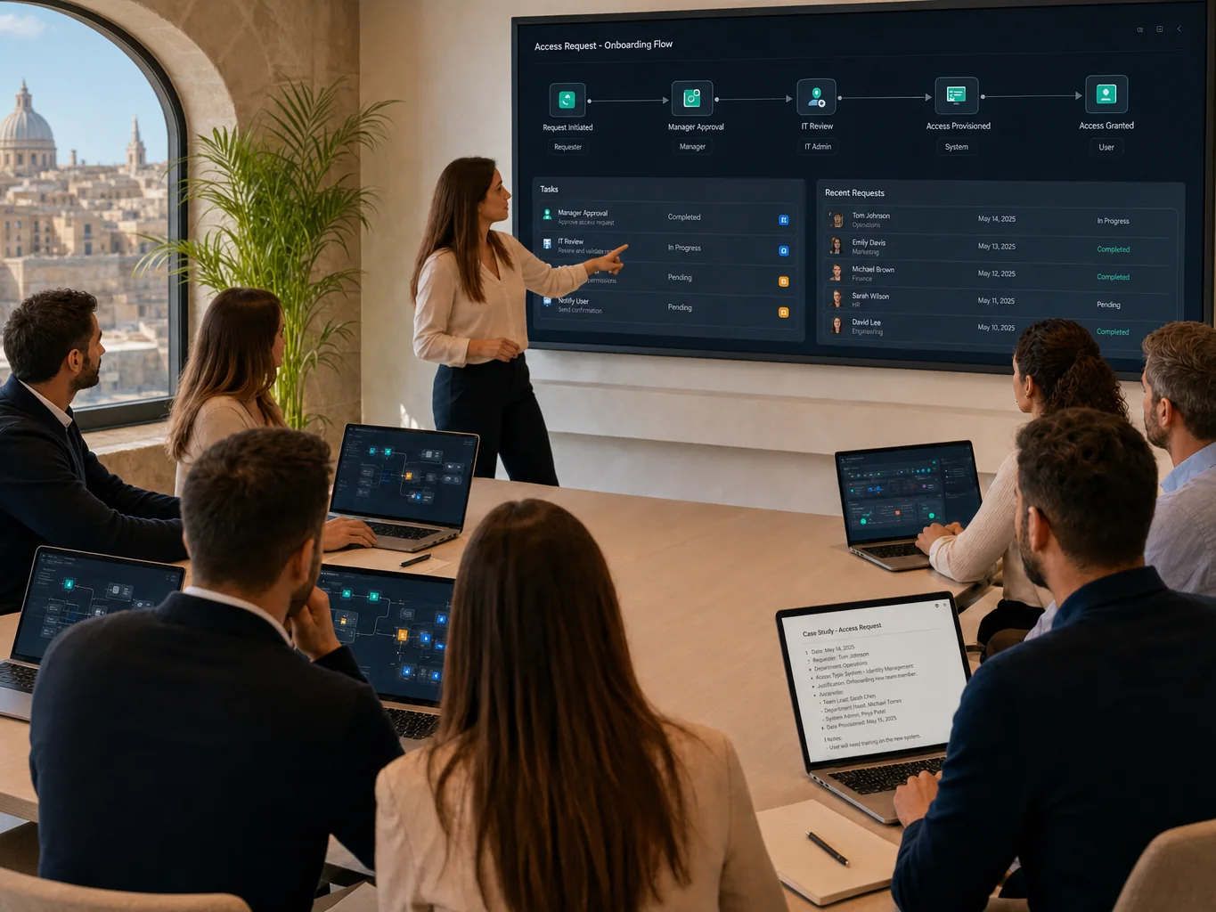 Team training on a wall workflow; some laptops show light-mode case notes, others dark dashboards, notepads on the table