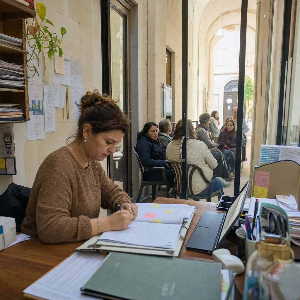Care clinician writing case notes at a desk while people wait beyond a glass door