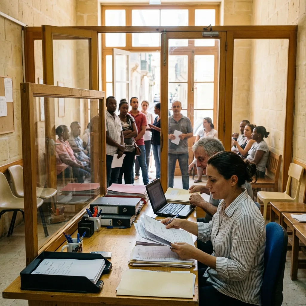 Busy care reception with intake forms and a queue beyond glass doors