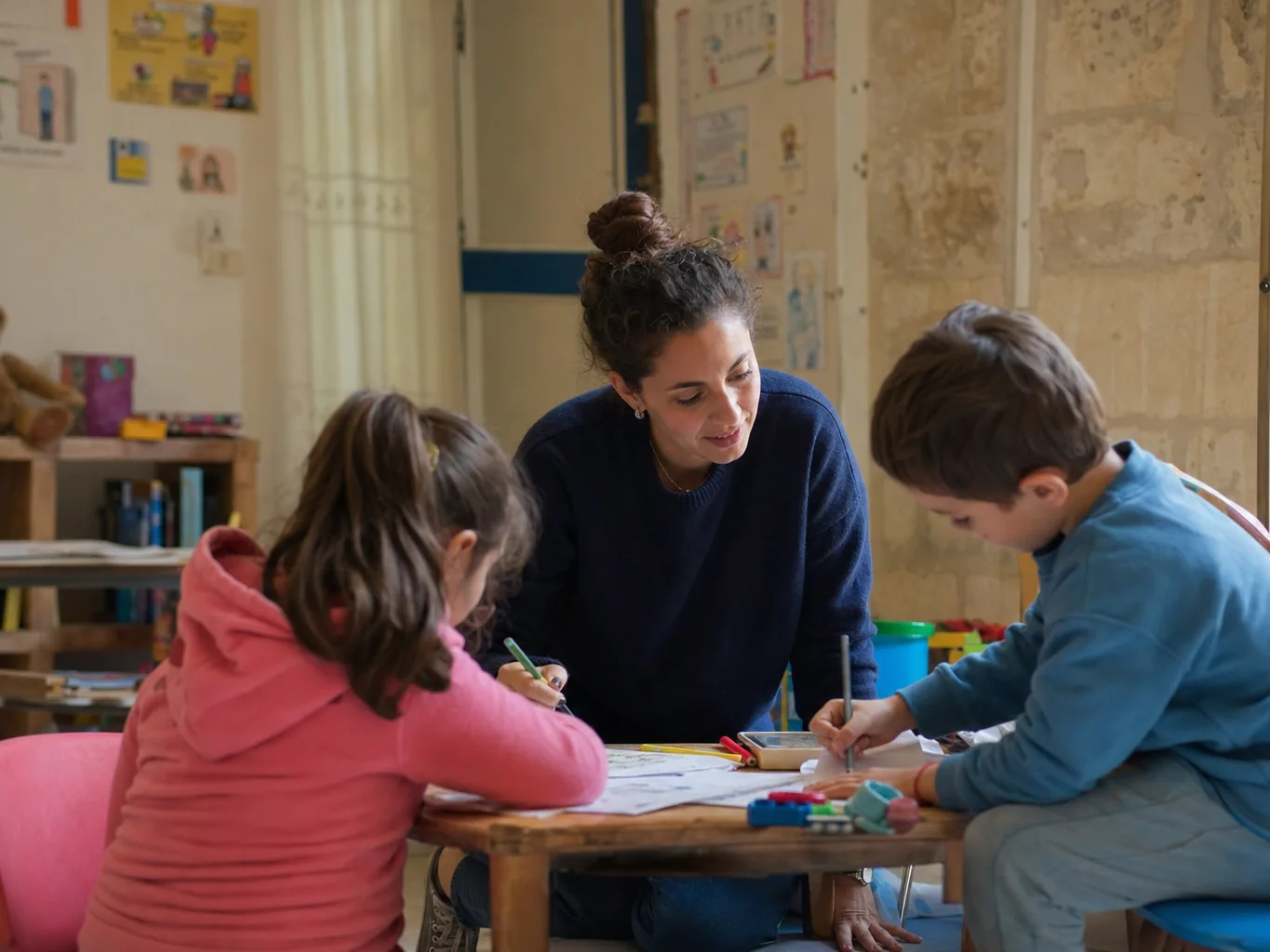 Youth worker at a low table with two children drawing in a community room