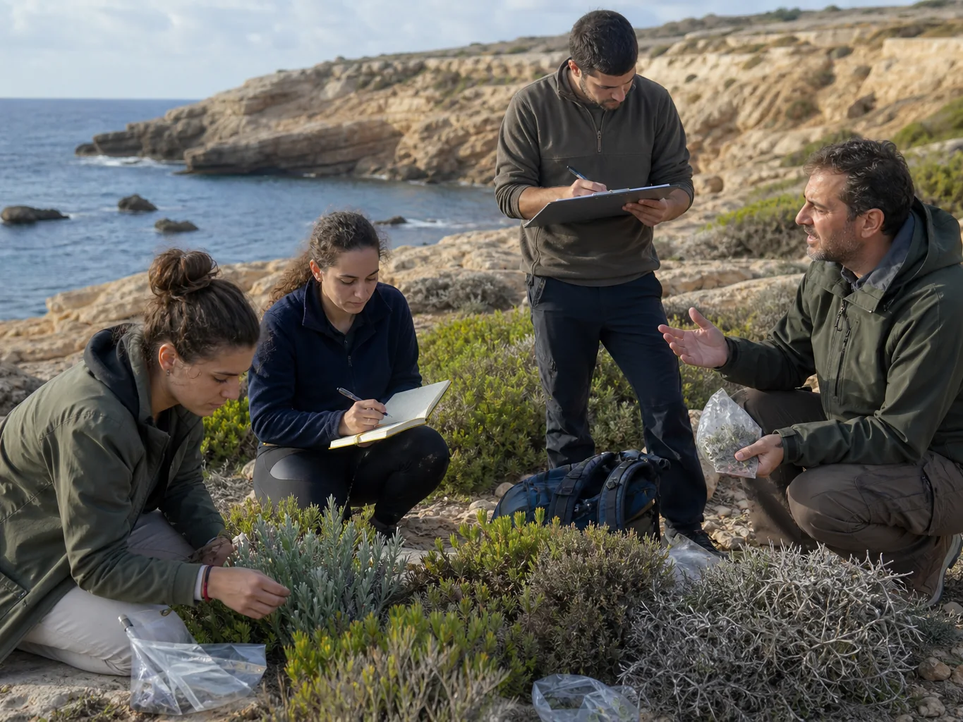 Eco NGO team surveying coastal plants with clipboards and sample bags