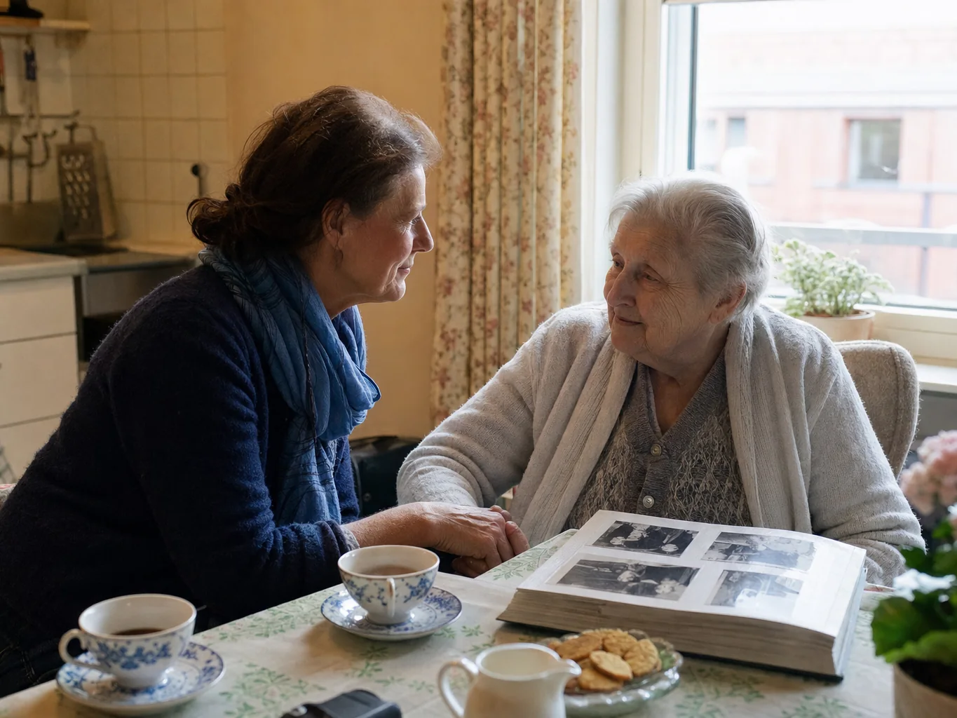 Care worker visiting an older person at a kitchen table with tea and a photo album