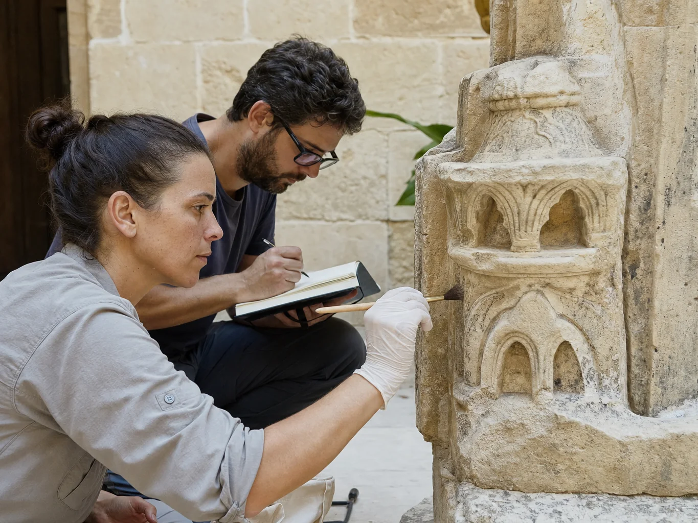 Conservators cleaning and documenting carved stone in a limestone courtyard