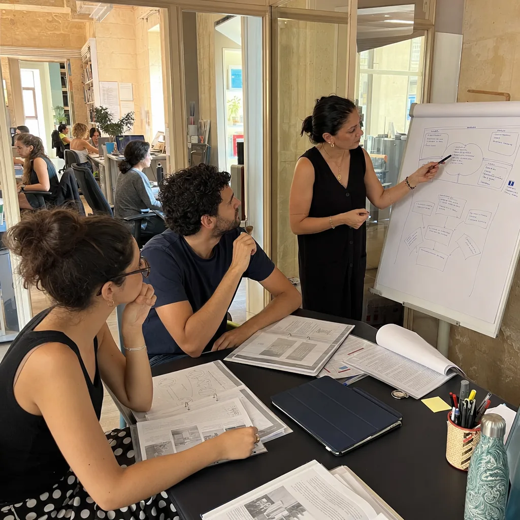Staff training around a table with printed playbooks in a small NGO meeting room