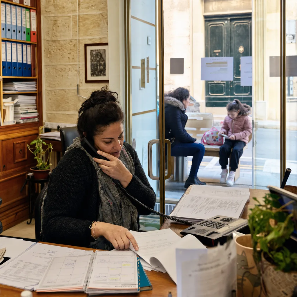Liaison coordinator on the phone with school letters while a family waits beyond glass
